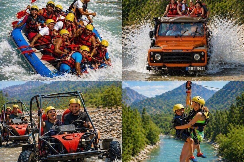 A group rafting, a vehicle driving through water, and a ziplining activity. 2