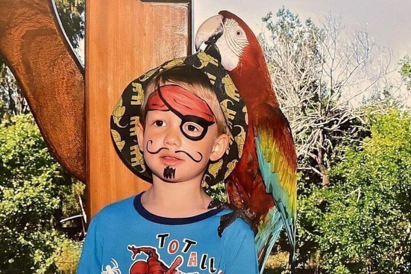 A person with a parrot on their shoulder, wearing a blue shirt with a graphic design, standing in front of a wooden structure with greenery in the background. 2