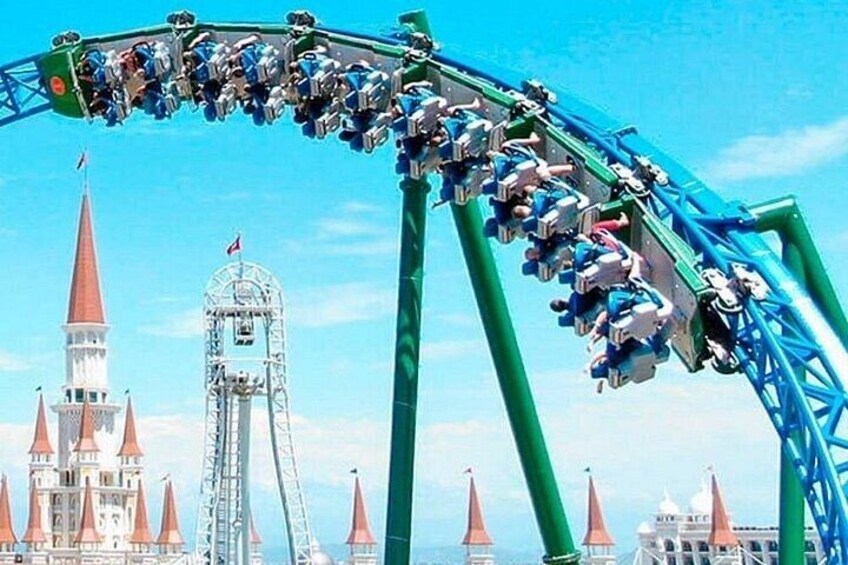 A roller coaster with passengers, a Ferris wheel, and a castle-like building with multiple spires. 3