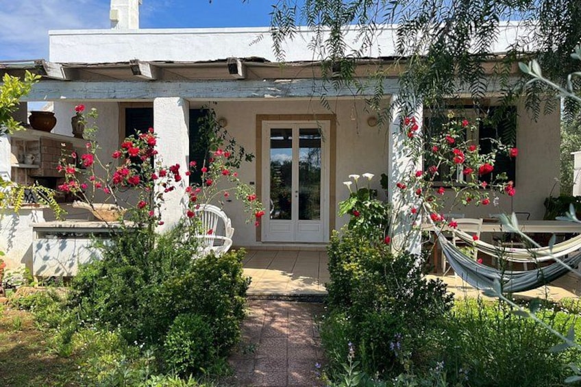 A white house with a garden, a hammock, and red flowers. 3