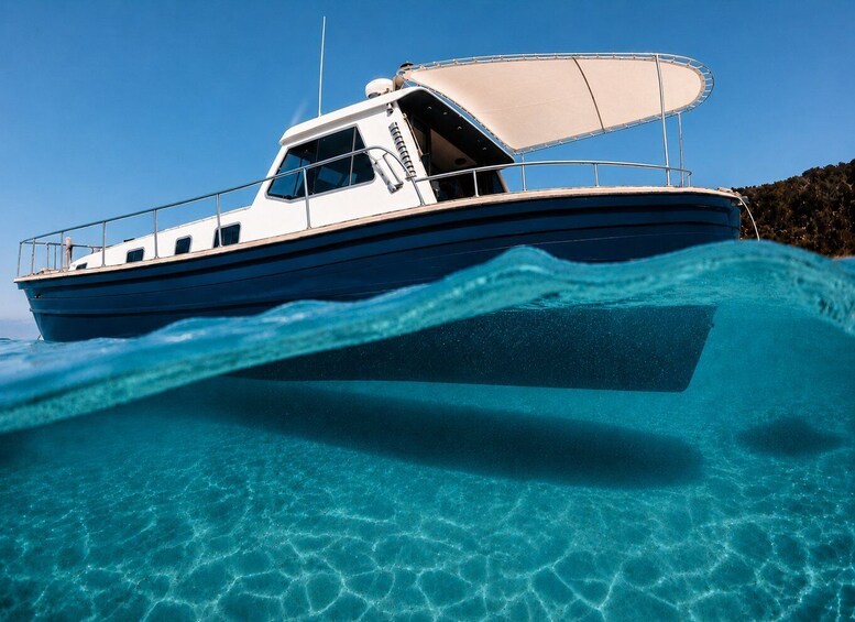 A boat with a canopy, moving through clear blue water. 1