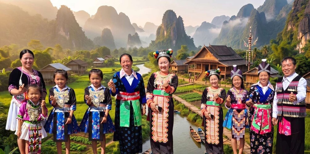 A group of people in traditional attire standing in a rural landscape with houses and a river. 1