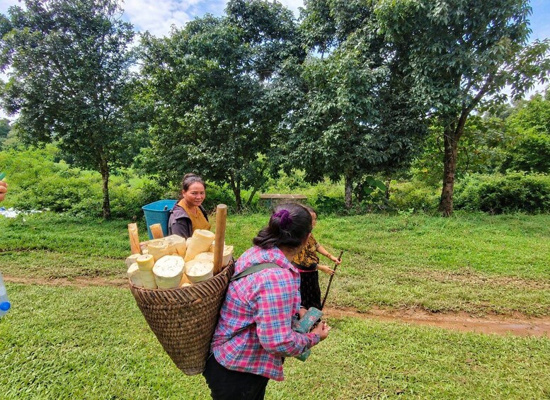 Two individuals carrying large baskets filled with cylindrical objects, possibly food items, in a grassy outdoor setting with trees in the background. 4