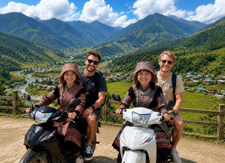 A family on a motorcycle, with a mountainous landscape and a river in the background. 1