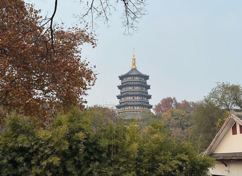 A pagoda with multiple tiers, surrounded by autumn foliage and bamboo. 5