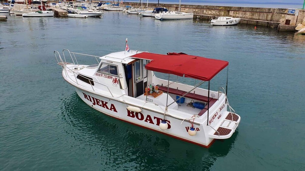 A white boat named 'RIJKEA BOATS' docked at a marina with other boats in the background. 3