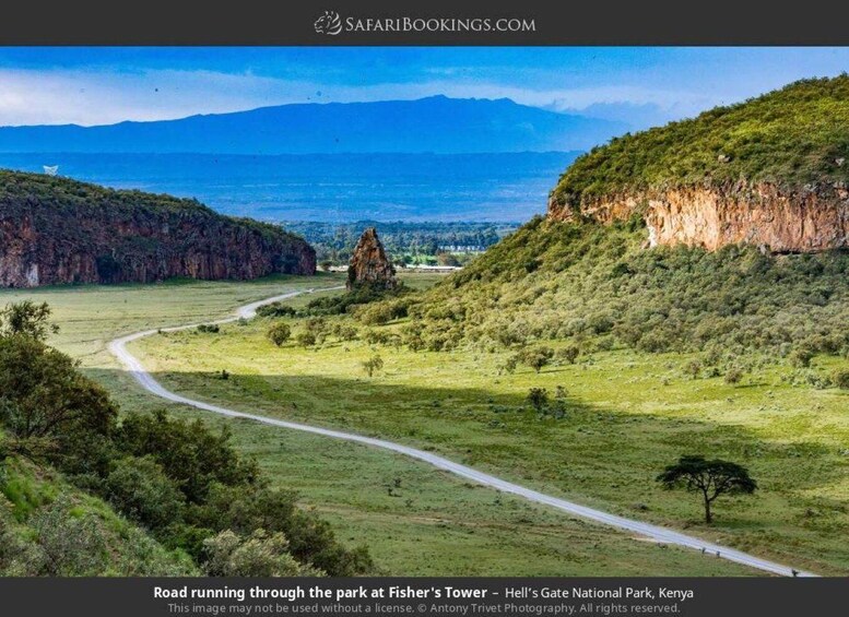 A road running through the park at Fisher's Tower - Hell's Gate National Park, Kenya. 2