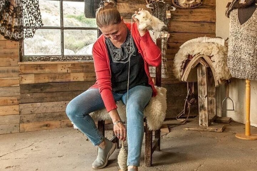 A person sitting on a wooden stool in a rustic room with wooden walls and a small dog. 4