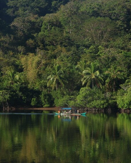 A calm river with a boat carrying two people, surrounded by dense tropical forest and palm trees. 2