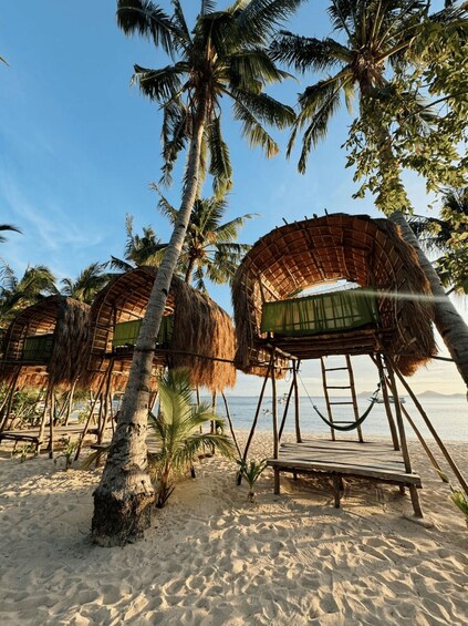 A beach with thatched-roof huts, palm trees, and a wooden deck. 1