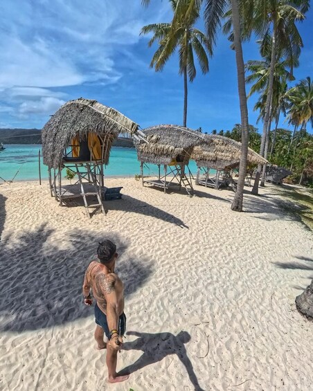 A beach with thatched huts and palm trees. 5
