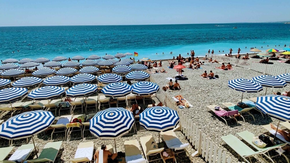 A beach with rows of striped umbrellas and sun loungers. 4