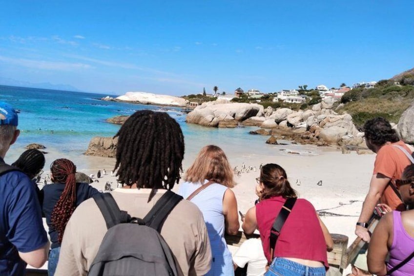 A group of people on a beach with clear blue water and rocky outcrops. 2