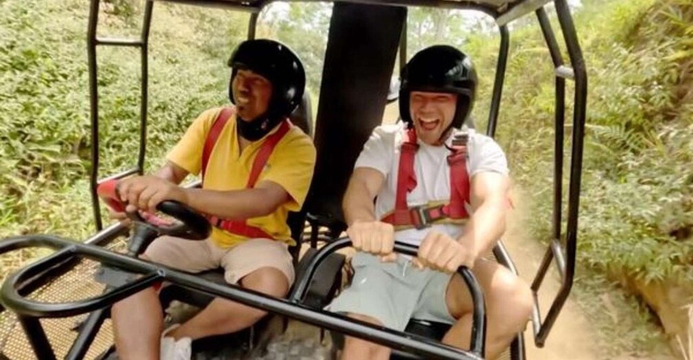 Two people in a vehicle, one driving and one seated, in a natural setting with greenery. 3