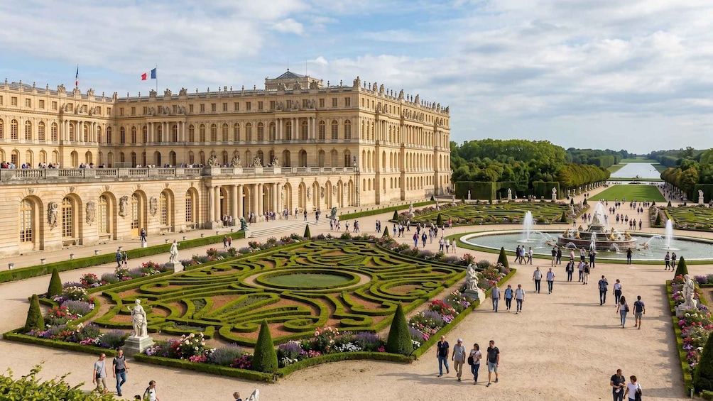 The Palace of Versailles with its grand architecture, manicured gardens, and the iconic fountain. 1