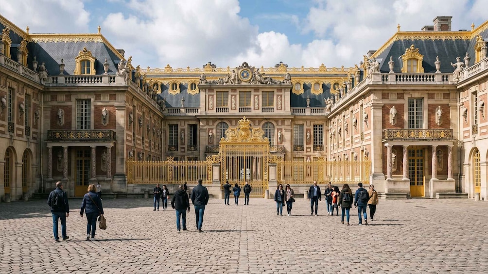 A historic palace courtyard with ornate architecture and a central entrance. 2