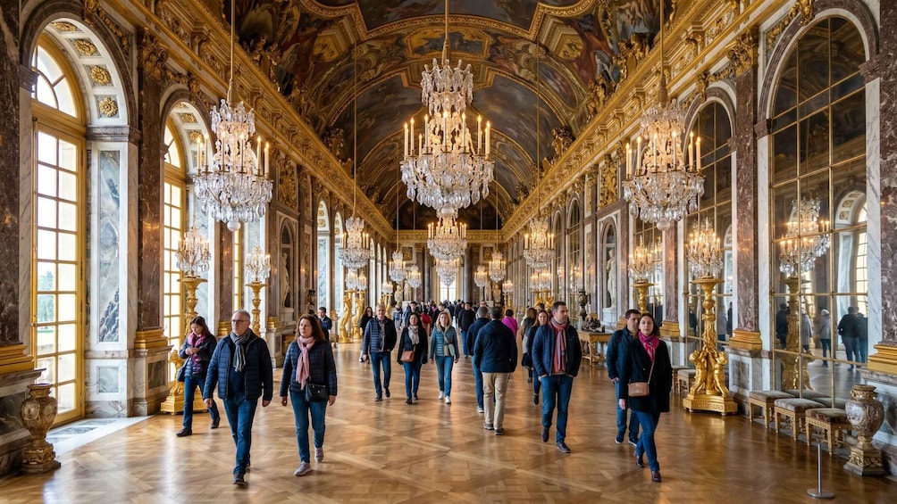 A grand hall with ornate chandeliers, marble columns, and gilded decorations. 4