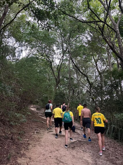 A group of people hiking on a dirt path surrounded by trees. 5