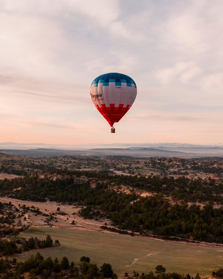 A hot air balloon with 'Polandia Falcons' written on it flying over a landscape with fields and trees. 3