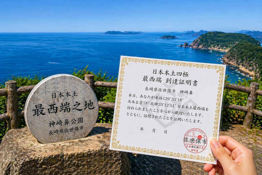 A stone marker with Japanese text and a certificate held by a person, with a scenic coastal view in the background. 1