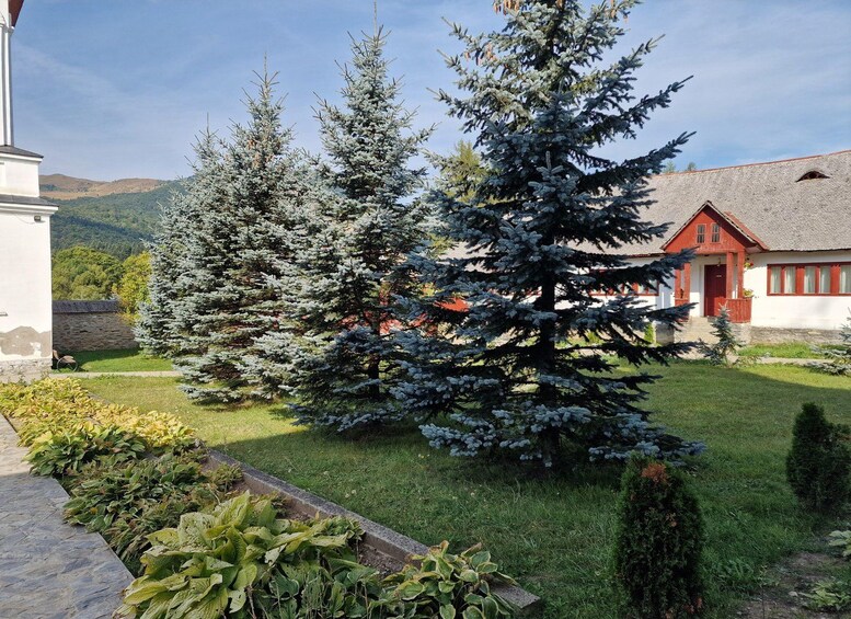 Una casa con techo rojo, fachada blanca y un jardín con árboles perennes. 2