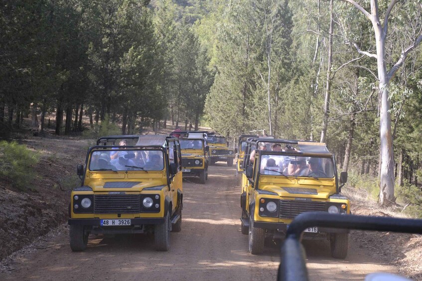 A convoy of Land Rovers driving on a dirt road through a forest. 2