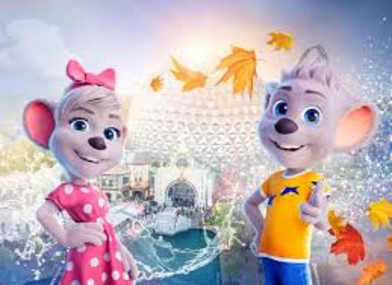 Two animated characters in a park with trees and a building in the background. 4