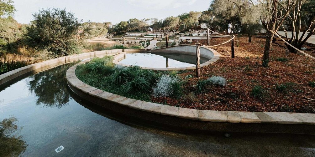 A landscaped pond with a curved stone border, surrounded by trees and shrubs. 4
