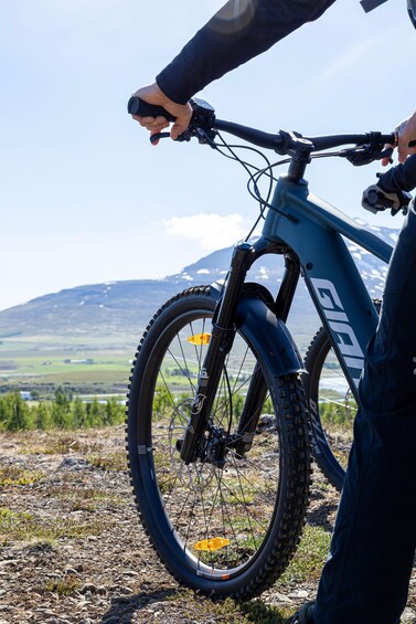 A mountain bike with a rider's hands on the handlebars, a clear sky, and a mountainous landscape in the background. 4