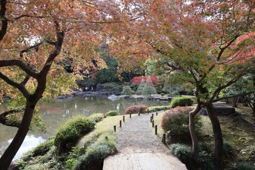 A tranquil garden with a pond, autumn foliage, and a stone pathway. 2