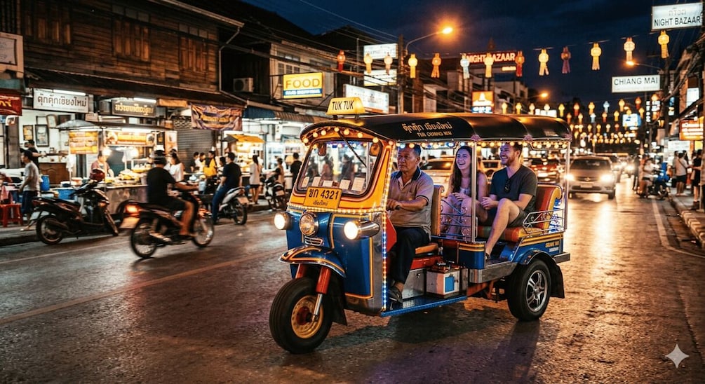 A tuk-tuk on a wet street with people and shops in the background. 1
