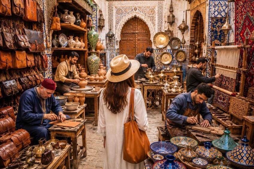 A bustling Moroccan market with artisans crafting pottery and textiles. 1