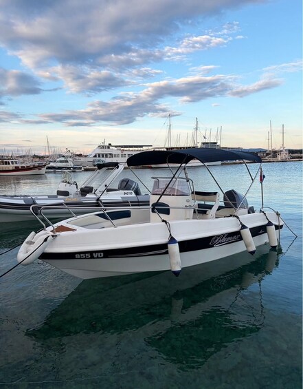 A marina with several boats docked, including a white boat with '855 VD' and 'Blumar' branding. 2