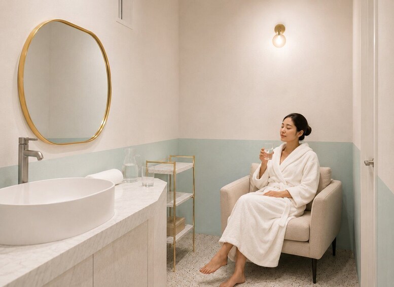 A woman in a white bathrobe sitting on a beige chair in a bathroom with a round mirror, a sink, and a light fixture. 4