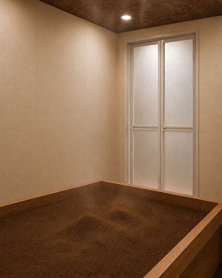 A room with a wooden bench, a door with frosted glass panels, and a textured wall. 2