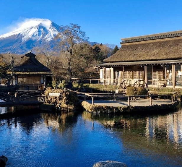 A traditional Japanese garden with a pond, a wooden bridge, and a building with a thatched roof. 1