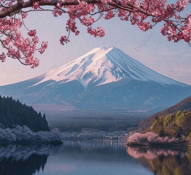 A snow-capped mountain, a calm lake, and cherry blossoms in spring. 1