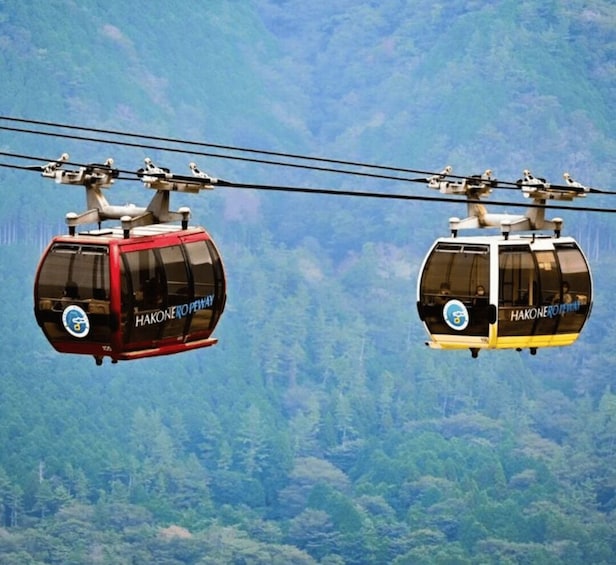 Two cable cars labeled 'Hakone Ropeway' suspended by cables against a backdrop of dense forest. 3