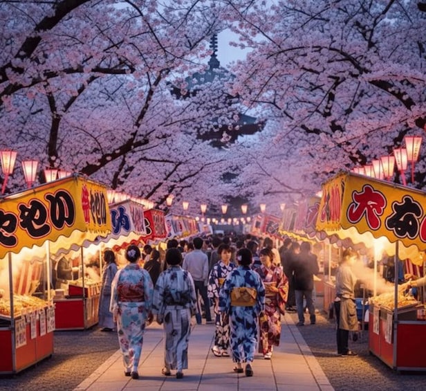 A cherry blossom-lined street with food stalls and people walking. 4