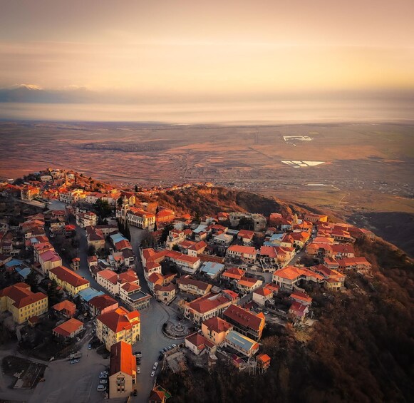 An aerial view of a town with red-roofed buildings, a central square, and a church. 4