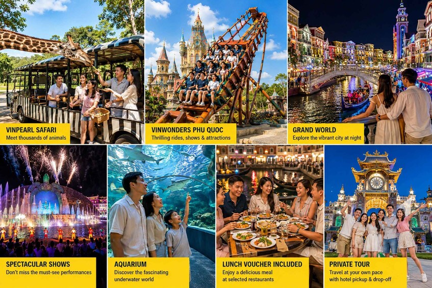 A giraffe feeding, a roller coaster, a cityscape at night, a water show, an aquarium, a dining scene, and a clock tower. 2