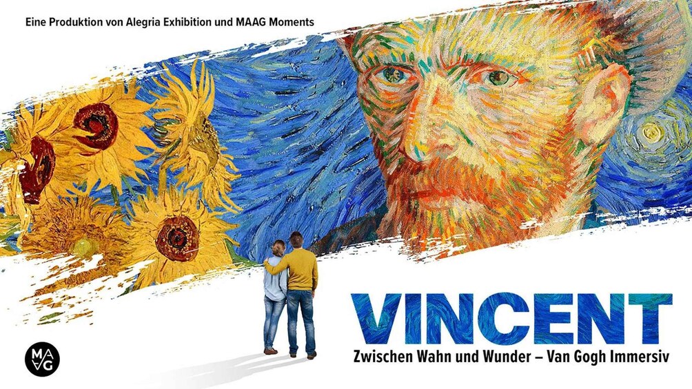 A large Vincent van Gogh painting with sunflowers and a man in the foreground. 1