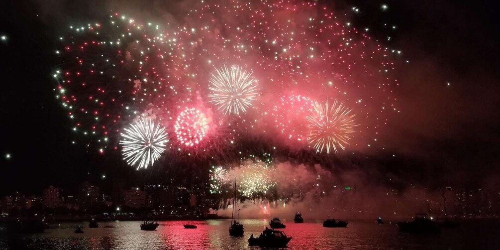A night scene with fireworks over a body of water, boats, and a city skyline in the background. 1