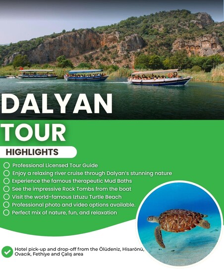 A river tour in Dalyan with boats, a rocky landscape, and a turtle. 1