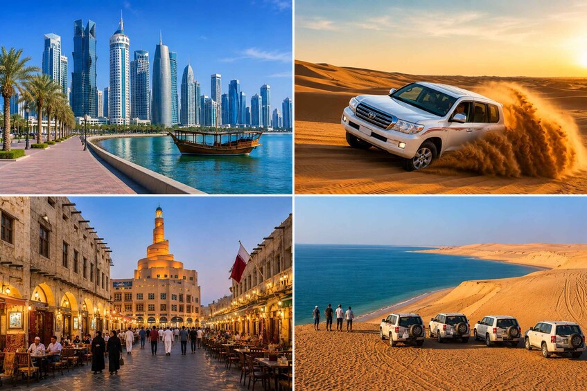 A city skyline, a desert landscape, a traditional building, and a beach with vehicles. 1