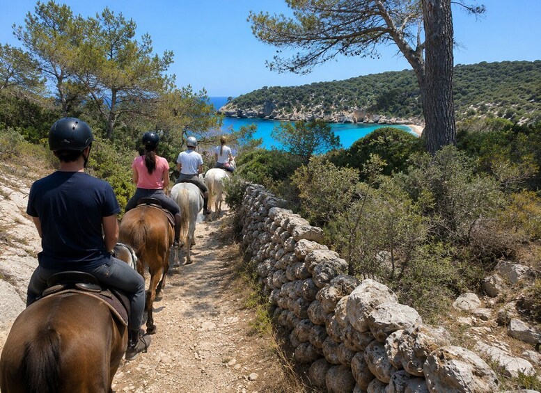 A group of people horseback riding on a rocky path with a coastal view. 5