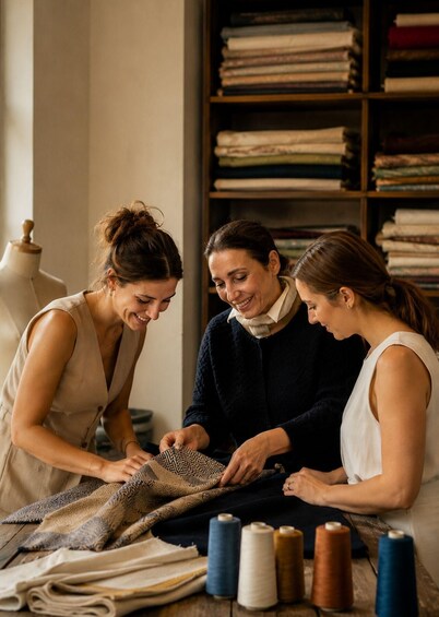 Three people examining a patterned fabric with spools of thread nearby. 1