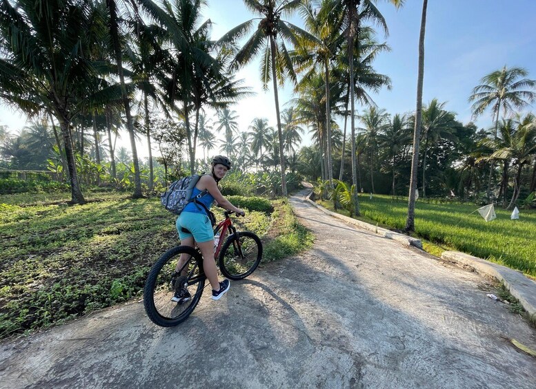 A person riding a bicycle on a rural path surrounded by palm trees and greenery. 1