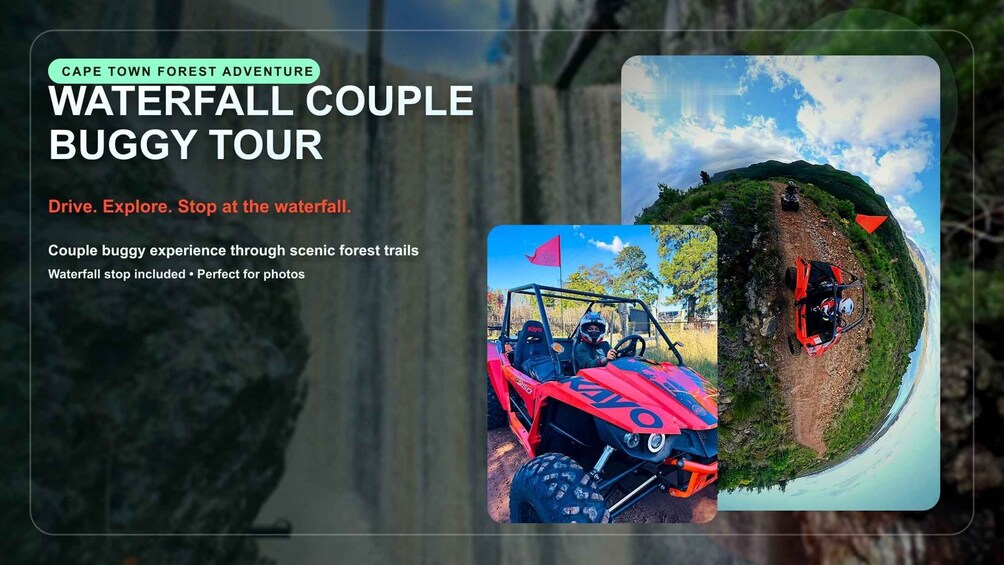 A red buggy tour vehicle parked on a forest trail with a waterfall in the background. 5