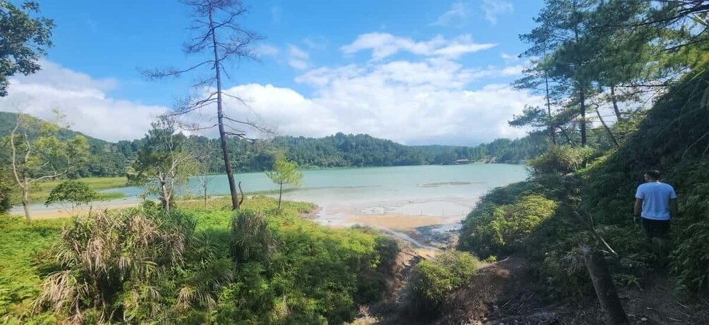 A natural landscape with a lake, forested area, and a person walking on a trail. 3